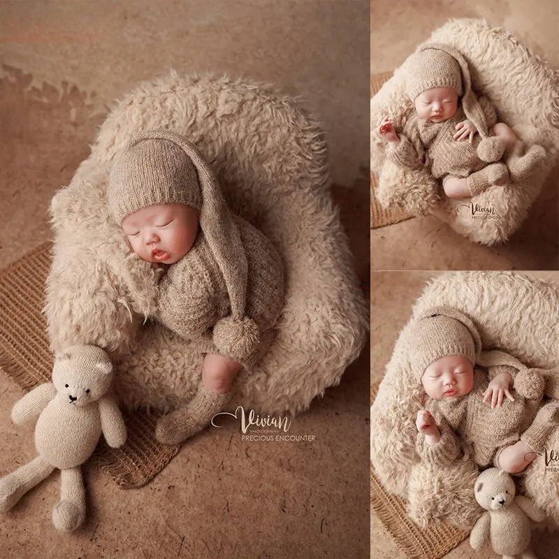Khaki Vintage Knitted Furry Sofa Set - Newborn Photography Props - Image 4